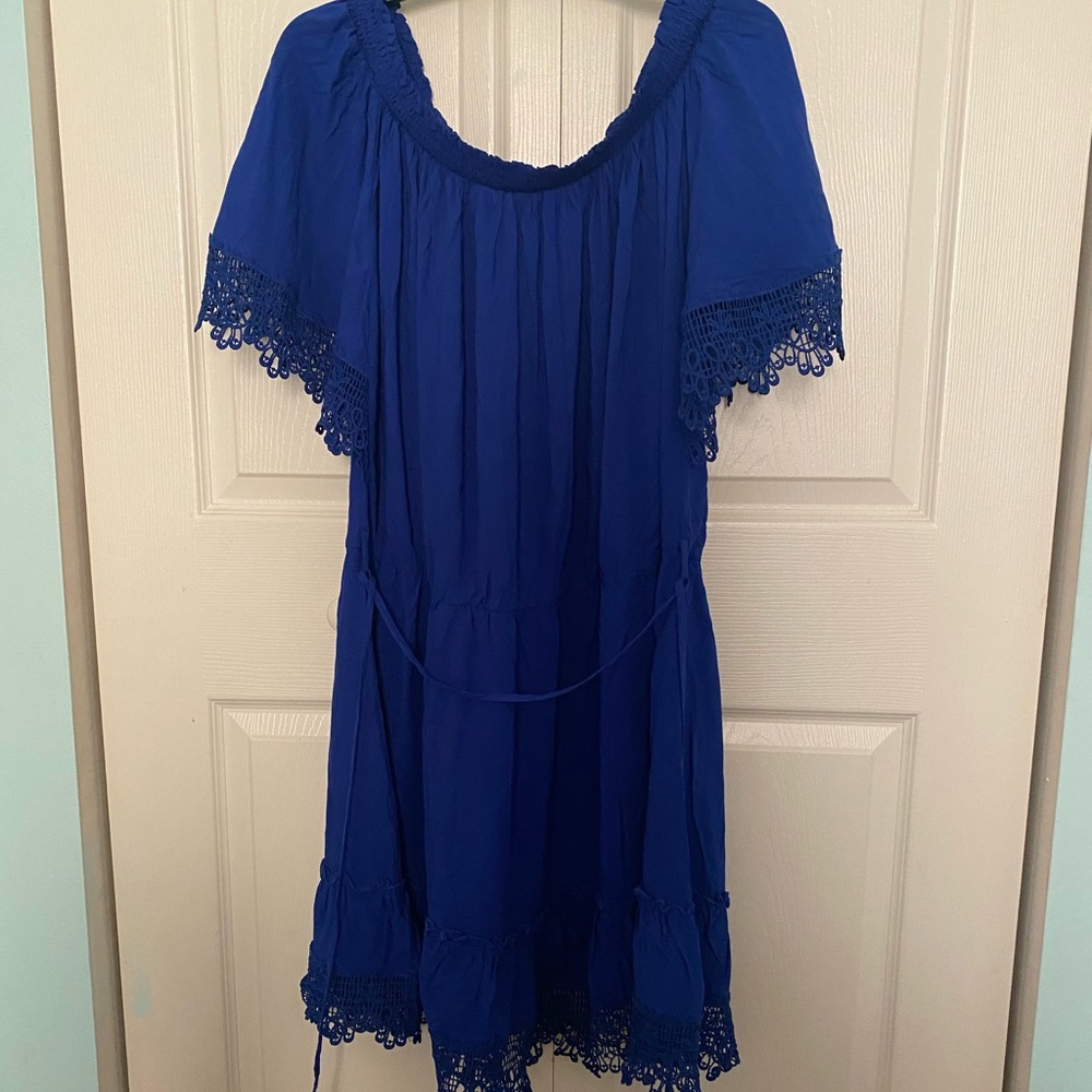 Off Shoulder Lace Bottom Dress- Royal Blue | size 2X |